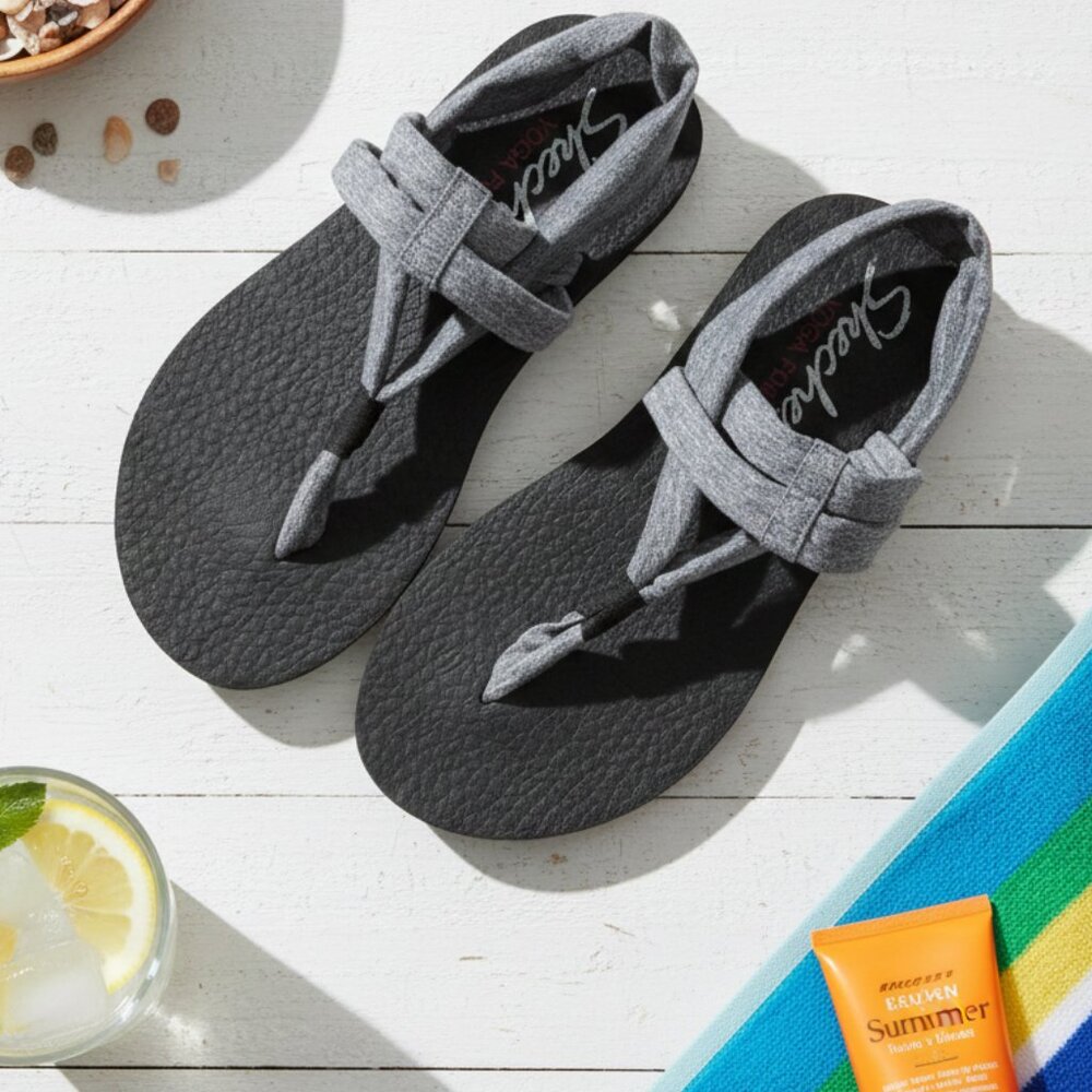 Skechers Yoga Foam Meditation Sandals - Grey Fabric Strappy Flip Flops